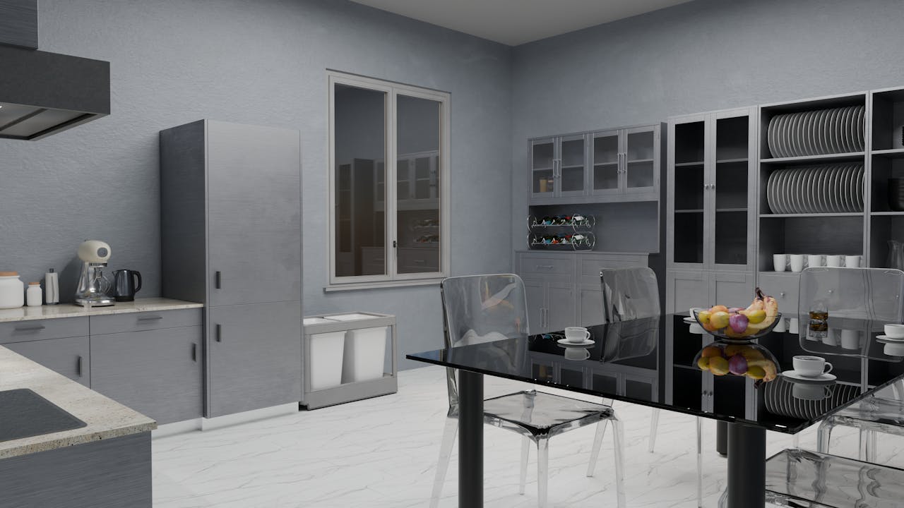 The Art of Drawing Readers In: Your attractive post title goes here Sleek modern kitchen with glass table, gray cabinets, and decor elements for stylish living.